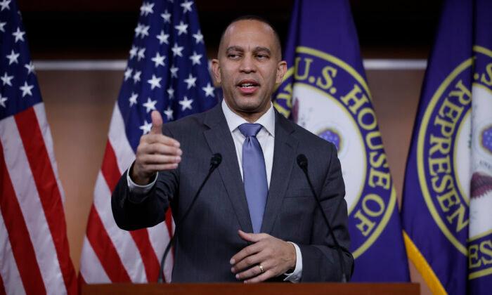 House Minority Leader Hakeem Jeffries (D-N.Y.) talks to reporters in the U.S. Capitol on Feb. 9, 2023. (Chip Somodevilla/Getty Images)