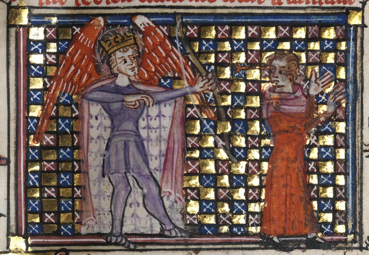 Cupid shooting an arrow at a lover, from a 14th-century copy of the manuscript “Le Roman de la Rose.” Illumination on parchment. National Library of Wales, Aberystwyth, Wales. (Public Domain)