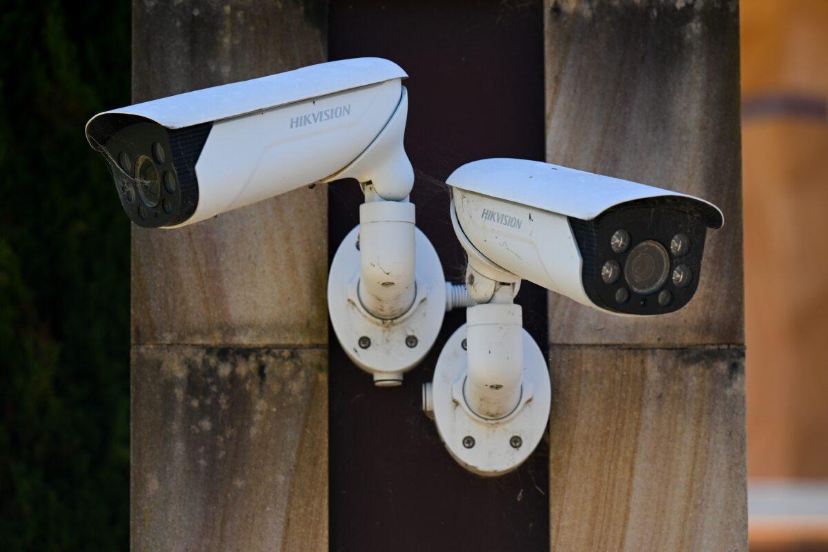 A Hikvision CCTV security camera is seen at a building in Canberra, Australia, on Feb. 15, 2023. (AAP Image/Lukas Coch)