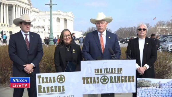 Rep. Pete Sessions (R-Texas) and other members of the Texas delegation hold a press conference about the Texas Rangers' bicentennial, in Washington on March 1, 2023, in a still from video released by NTD. (NTD)