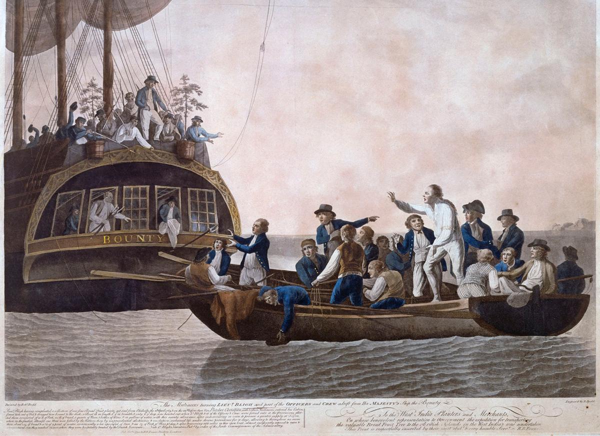 “The Mutineers turning Lt Bligh and part of the Officers and Crew adrift from His Majesty's Ship the Bounty, 29th April 1789,” by Robert Dodd. (Public domain)