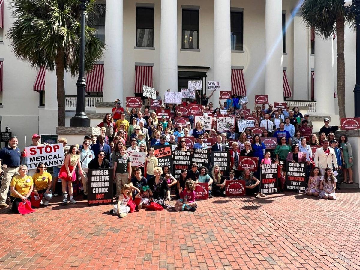 Medical freedom activists upset about COVID-19 vaccines and other issues gather to voice concerns to lawmakers on the first day of the Florida Legislature's annual regular session at the Capitol in Tallahassee on March 7, 2023. (Courtesy of Justin Harvey)