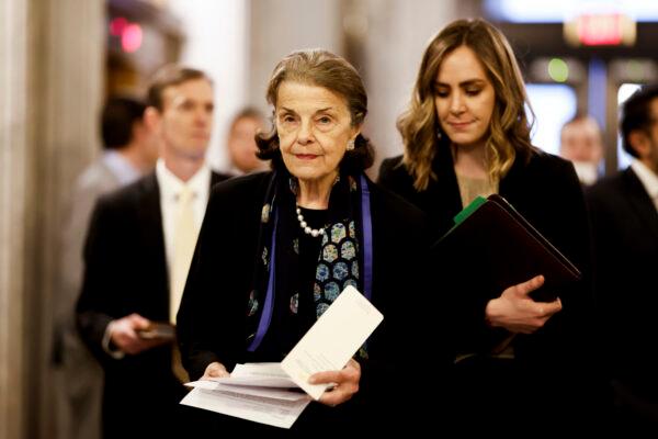 Sen. Dianne Feinstein (D-Calif.) walks to the Senate Chambers during a series of votes at the U.S. Capitol Building in Washington on Feb. 13, 2023. (Anna Moneymaker/Getty Images)