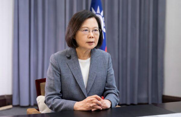 President Tsai Ing-wen speaks about recent Chinese military drills in Taipei, Taiwan, on April 11, 2023. (Taiwan Presidential Office via AP)
