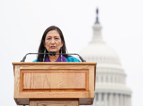 Secretary of the Interior Deb Haaland delivers remarks at an event commemorating the delivery of the Red Road Totem Pole to the Biden administration on July 29, 2021, in Washington. (Jemal Countess/Getty Images for Native Organizers Alliance)