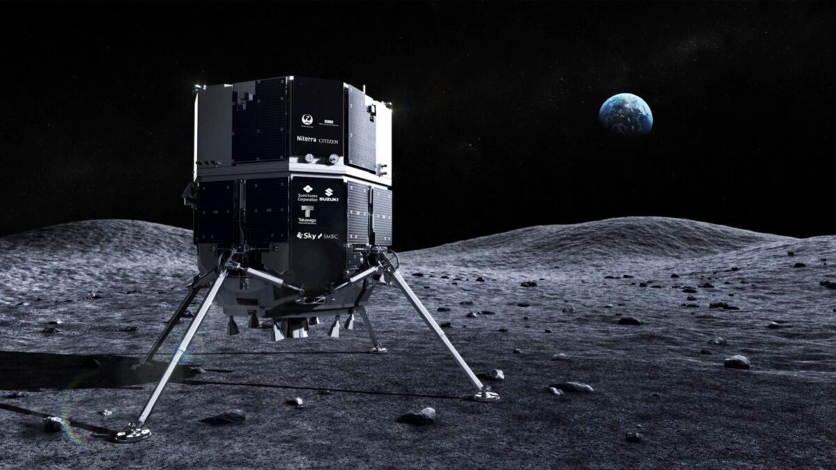 The Hakuto spacecraft on the surface of the moon with the Earth in the background in an illustration photo provided in April 2023. (ispace via AP)