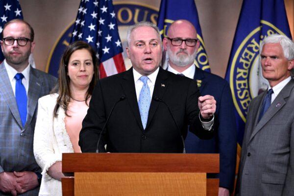 Majority Leader Rep. Steve Scalise speaks following a meeting on the Fiscal Responsibility Act in the House Visitors Center Studio of the U.S. Capitol on May 30, 2023. (Mandel Ngan/AFP via Getty Images)