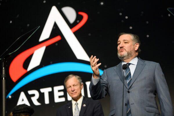 Sen. Ted Cruz (R-Texas) addresses the Artemis II crew during a news conference held by NASA and the Canadian Space Agency on April 3, 2023. (Mark Felix/AFP via Getty Images)