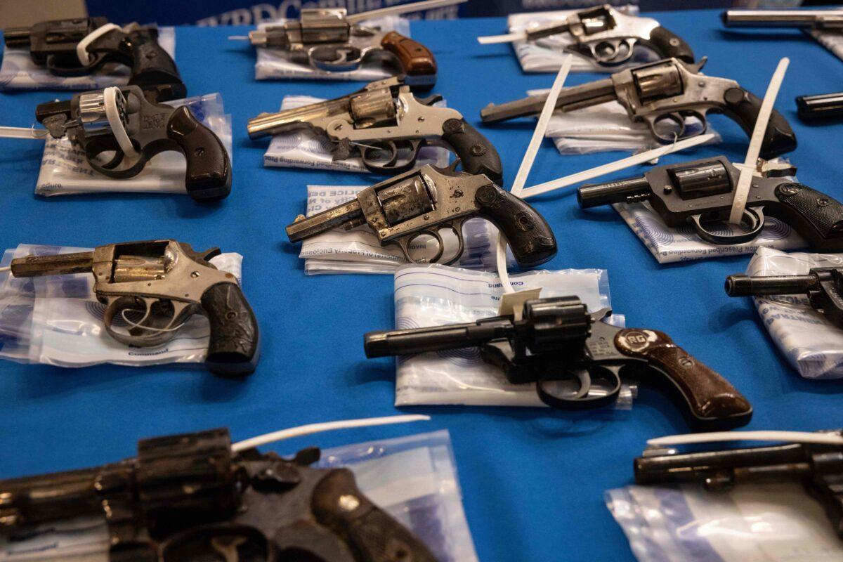 Handguns and firearms are displayed during a statewide gun buyback event held by the office of the New York State Attorney General in the Brooklyn borough of New York on April 29, 2023. (Yuki Iwamura/AFP via Getty Images)
