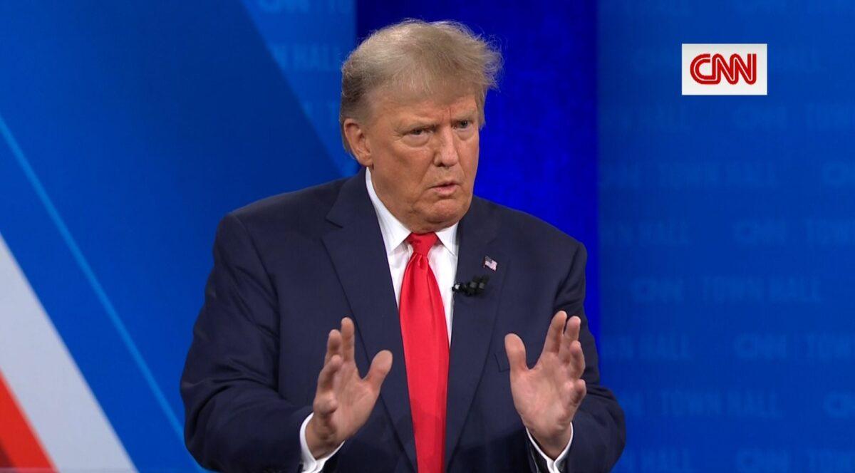 Former President Donald Trump speaks at a CNN Town Hall at St. Anselm College in Manchester, N.H., on May 10, 2023, in a still from video. (CNN/Screenshot via The Epoch Times)