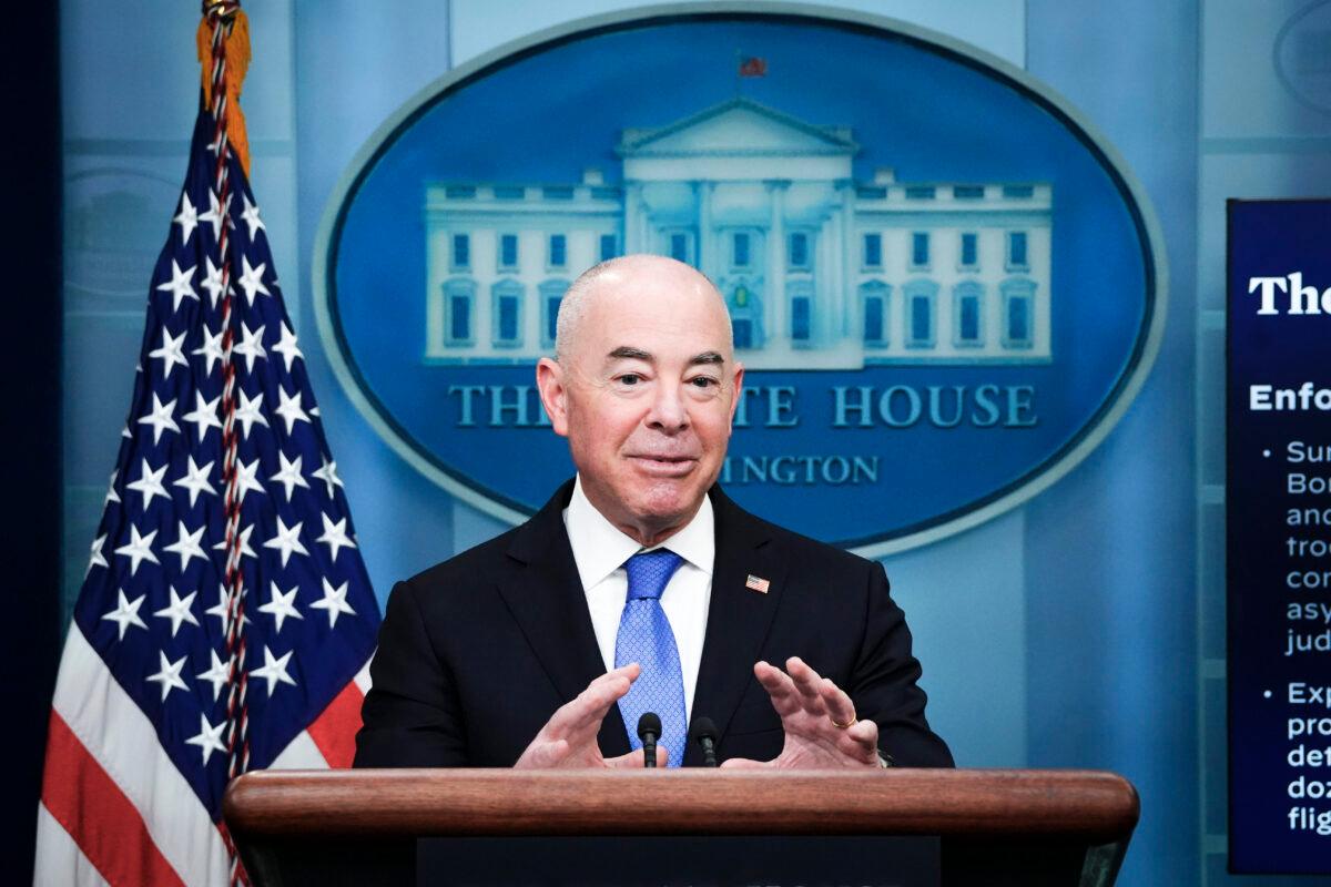 Secretary of Homeland Security Alejandro Mayorkas speaks during a press briefing at the White House in Washington on May 11, 2023. (Madalina Vasiliu/The Epoch Times)