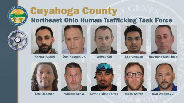 Ten men arrested in a human trafficking sting, in North Olmsted, Ohio, on May 11, 2023. (Courtesy of the Ohio Attorney General’s Office)