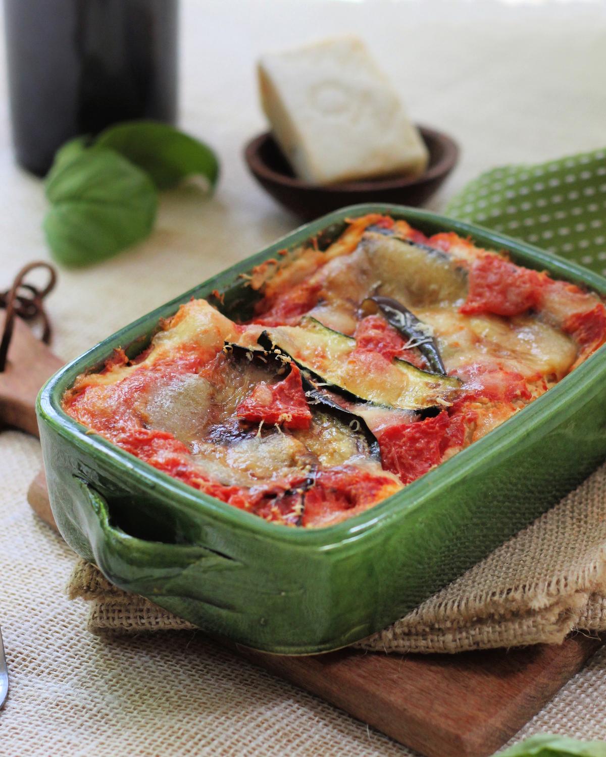Tomato sauce, ricotta cheese, and a medley of eggplant, zucchini, and squash keeps this dish bright and vibrant. (Lynda Balslev for Tastefood)