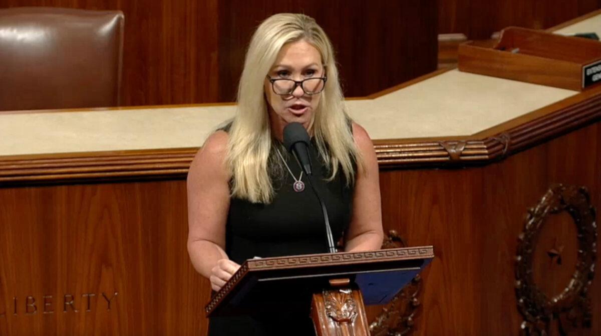 Nikki Haley Says McConnell Should Resign After Freeze-Up, Calls Senate 'Most Privileged Nursing Home in the Country' | USNN World News Rep. Marjorie Taylor Greene (R-Ga.) speaks on the House floor on May 23, 2023. (U.S. House of Representatives/Screenshot via NTD)