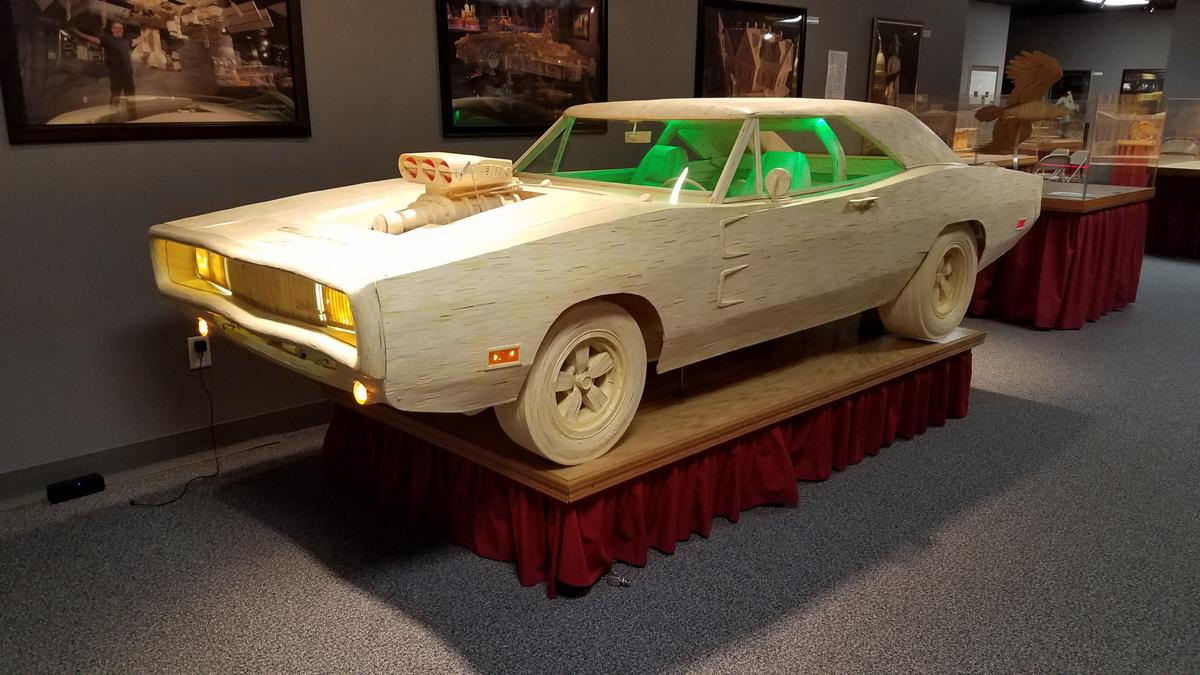A model Charger made of 720,000 matchsticks, completed in 2018. (Courtesy of Patrick Acton)
