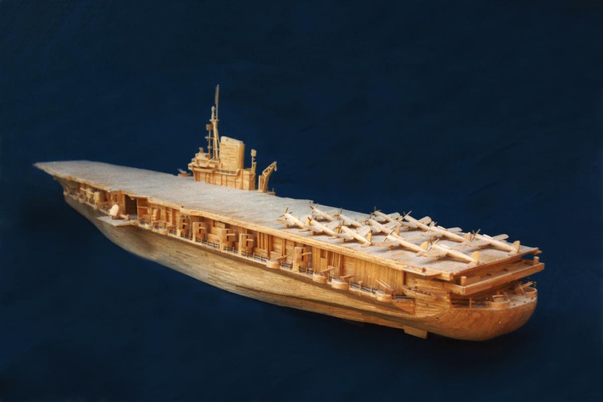 A model USS Midway aircraft carrier, made of 16,000 in 1986. (Courtesy of Patrick Acton)