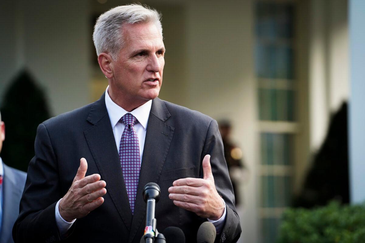 House Speaker Kevin McCarthy (R-Calif.) speaks to the press after meeting President Joe Biden to discuss the debt limit at the White House in Washington on May 22, 2023. (Madalina Vasiliu/The Epoch Times)