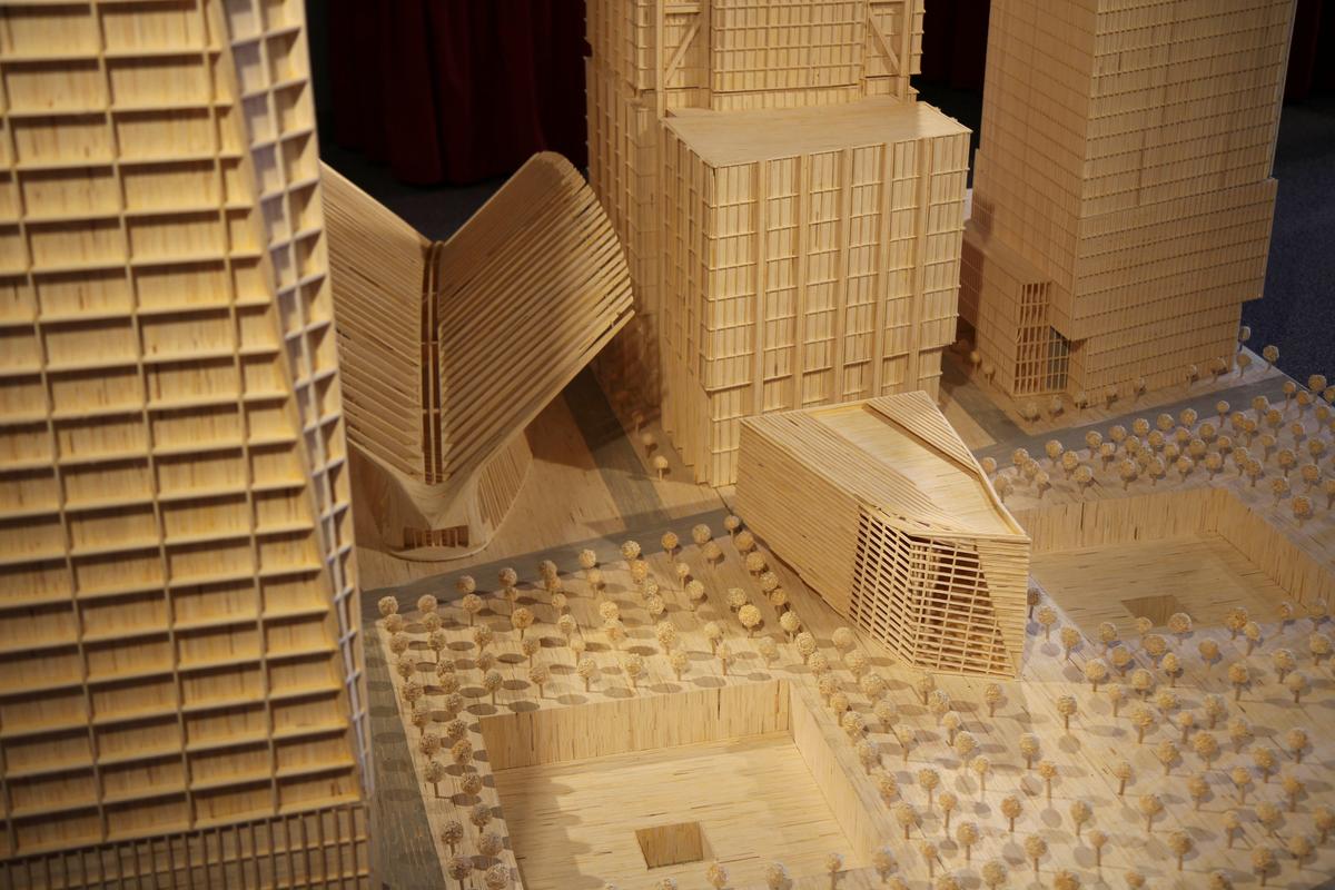A model One World Trade Center Memorial Park, made of 486,000 matchsticks, completed in 2013. (Courtesy of Patrick Acton)