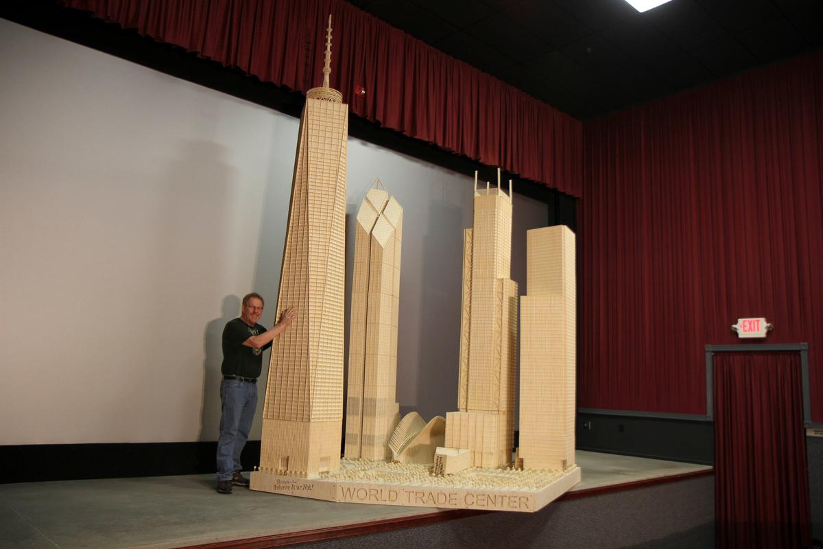 A model urban scene with the new One World Trade Center, made of 486,000 matchsticks, completed in 2013. (Courtesy of Patrick Acton)