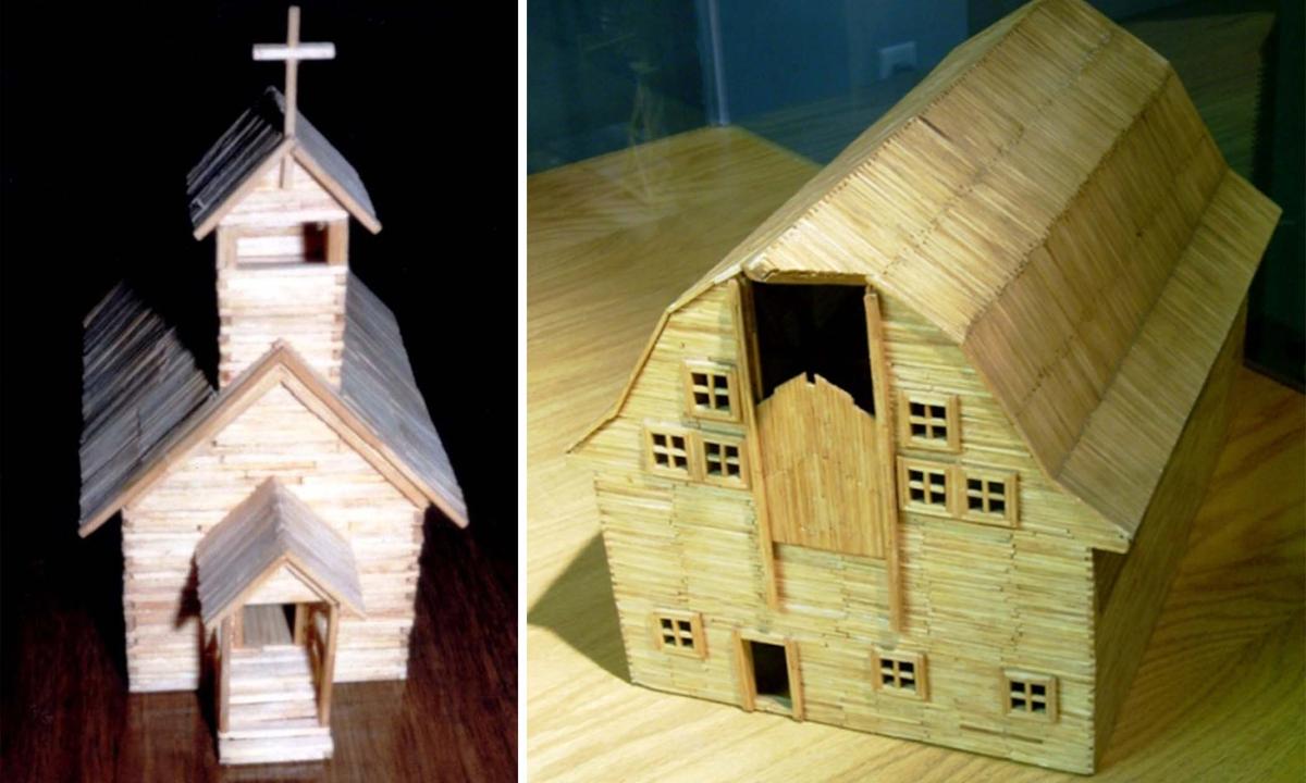 (Left) A model church made out of 500 matchsticks in 1977; (Right) A model barn made out of 5,000 matchsticks in 1978. (Courtesy of Patrick Acton)