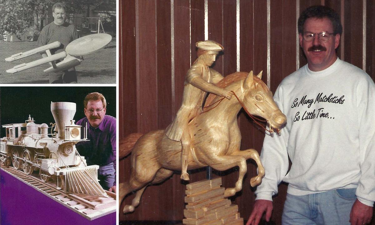 (Top-Left) Acton poses beside the USS Enterprise, made of 18,000 matchsticks, completed in 1992; (Bottom-Left) The General Civil War locomotive, made of 78,000 matchsticks, completed in 1993; (Right) Acton poses with his sculpture of Paul Revere, made of 18,000 matchsticks, completed in 1994. (Courtesy of Patrick Acton)