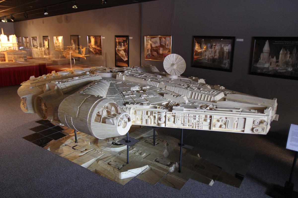 A model Millennium Falcon made out of 910,000 matchsticks, completed in 2017. (Courtesy of Patrick Acton)