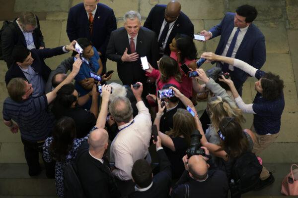 Speaker of the House Rep. Kevin McCarthy (R-Calif.) speaks to members of the press as he arrives at the U.S. Capitol in Washington on May 25, 2023. (Alex Wong/Getty Images)