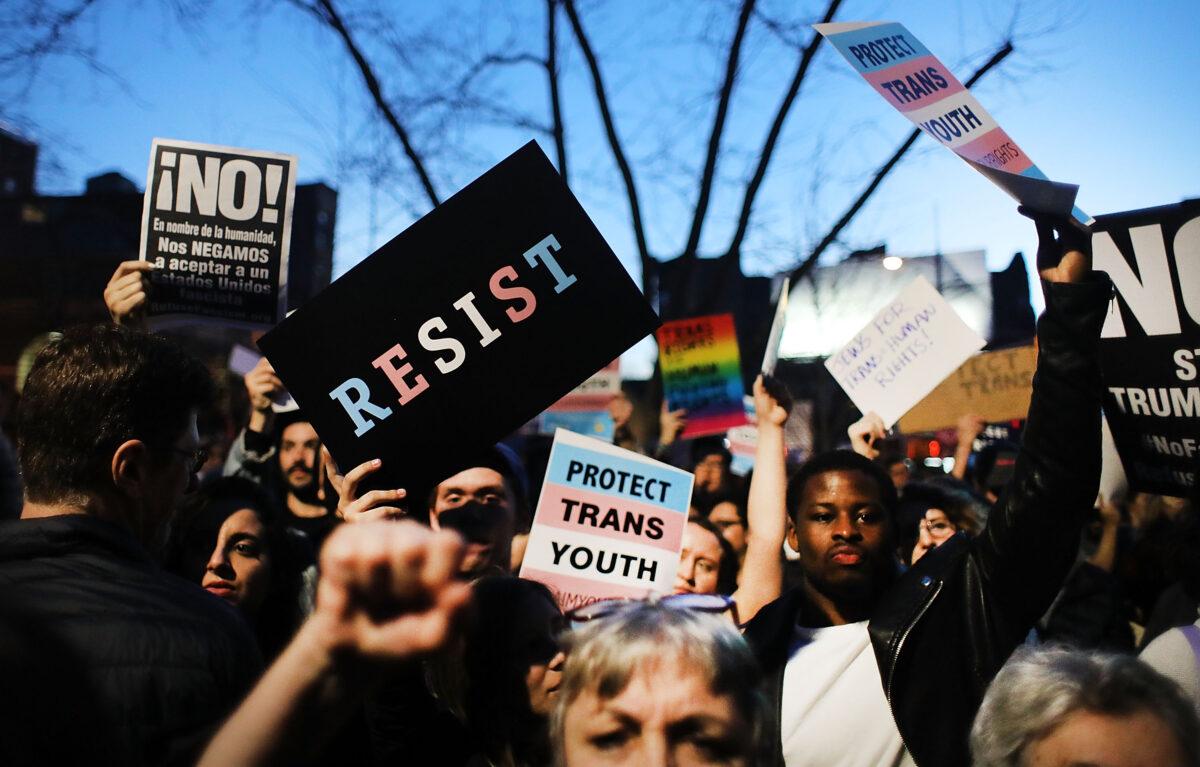 Hundreds protest a Trump administration announcement that rescinds an Obama-era order allowing transgender students to use school bathrooms matching their gender identities, at the Stonewall Inn in New York on Feb. 23, 2017. (Spencer Platt/Getty Images)