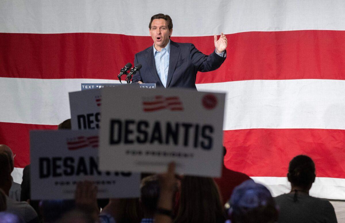 Florida Governor and 2024 presidential hopeful Ron DeSantis speaks during his campaign kickoff event at Eternity Church in Clive, Iowa, on May 30, 2023. (Andrew Caballero-Reynolds/AFP via Getty Images)