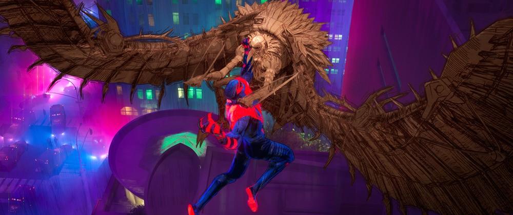 Spider-Man versus Vulture in “Spider-Man: Across the Spider-Verse.” (Columbia Pictures and Sony Pictures Animation)