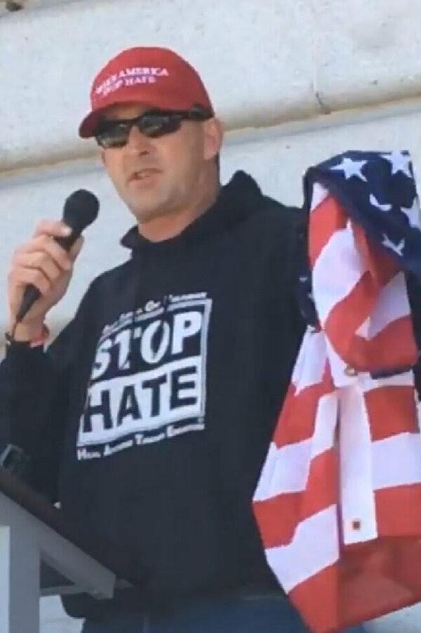 David Sumrall, founder of StopHate.com, speaking at the DemandFreeSpeech rally at City Hall in San Francisco, on March 3, 2019. (Courtesy of David Sumrall)