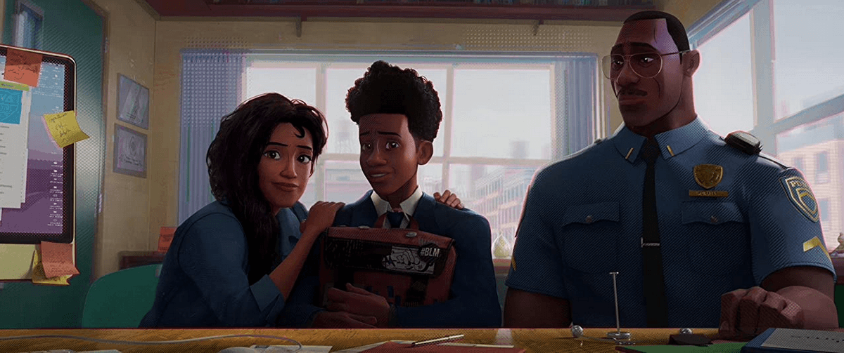 (L–R) Rio Morales (voice by Luna Lauren Vélez), her son, Spider-Man (voiced by Shameik Moore), and husband, Jefferson Davis (Brian Tyree Henry), at the principal's office in “Spider-Man: Across the Spider-Verse.” (Columbia Pictures and Sony Pictures Animation)