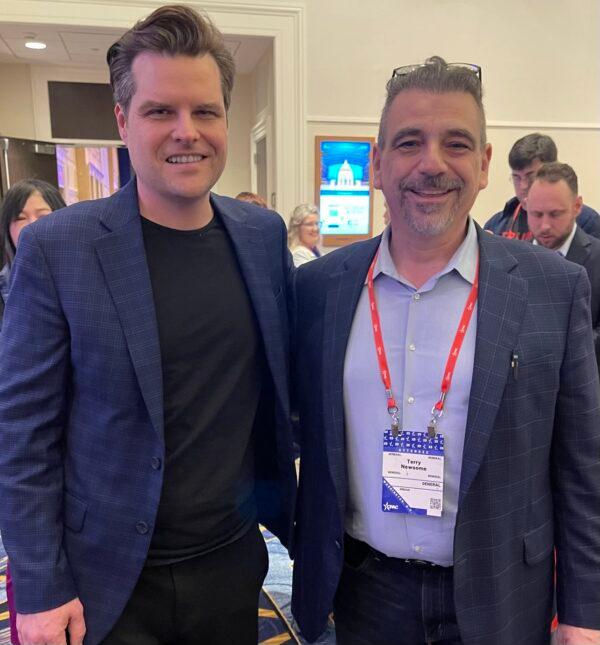 Rep. Matt Gaetz (R-Fla.) poses for a photo with Terry Newsome (R) at the Conservative Political Action Committee conference in Maryland on March 2, 2023. (Courtesy of Terry Newsome)