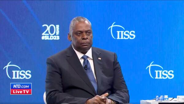 U.S. Secretary of Defense Lloyd Austin speaks at a plenary session at the Shangri-La Dialogue Asia security summit in Singapore on June 3, 2023, in a still from video. (International Institute for Strategic Studies via Reuters/Screenshot via NTD)