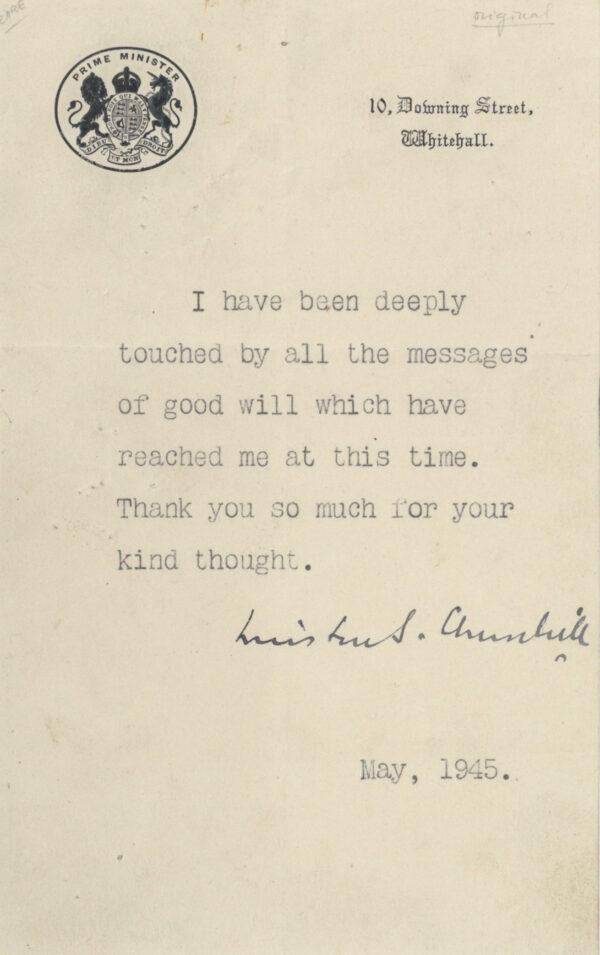 A 1945 letter from Winston Churchill to the British people. (Courtesy of the Raab Collection)