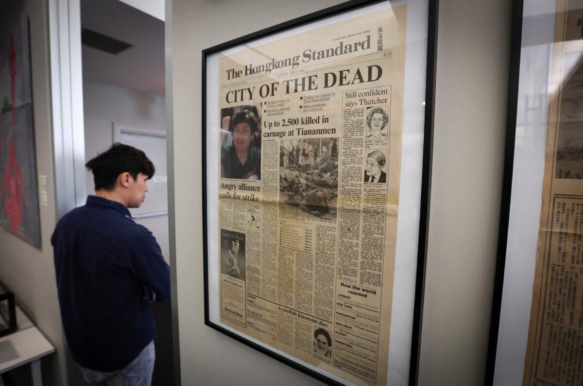 Hong Kong Newspapers from June 5, 1989, reporting the Tiananmen Square massacre, during a press preview of the Tiananmen June 4th Memorial permanent exhibition, which opens June 2 in Manhattan, New York, on June 1, 2023. (Mike Segar/Reuters)