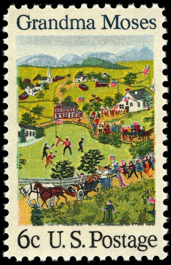 The 1969 U.S. postage stamp honoring Grandma Moses. It re-creates her painting "July Fourth," which the White House owns. Bureau of Engraving and Printing. U.S. Post Office; Smithsonian National Postal Museum (Public Domain)