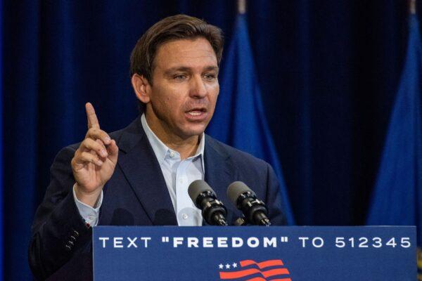 Gov. Ron DeSantis (R-Fla.) speaks during a campaign stop at Manchester Community College in Manchester, N.H., on June 1, 2023. (Joseph Prezioso/AFP via Getty Images)