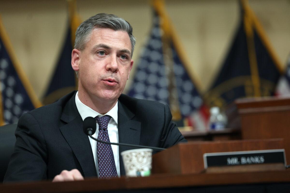 U.S. Rep. Jim Banks (R-Ind.) questions witnesses in a hearing of the House Select Committee on Strategic Competition between the United States and the Chinese Communist Party, in the Cannon House Office Building in Washington on Feb. 28, 2023. (Kevin Dietsch/Getty Images)