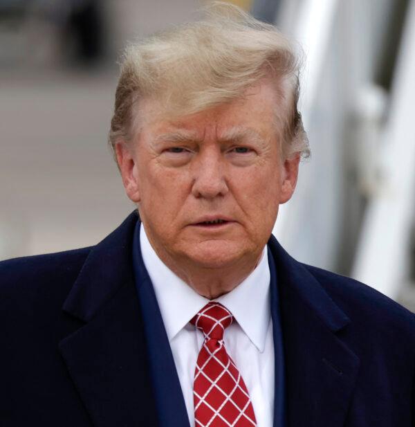 Former U.S. President Donald Trump disembarks his plane "Trump Force One" at Aberdeen Airport in Scotland on May 1, 2023. (Jeff J. Mitchell/Getty Images)