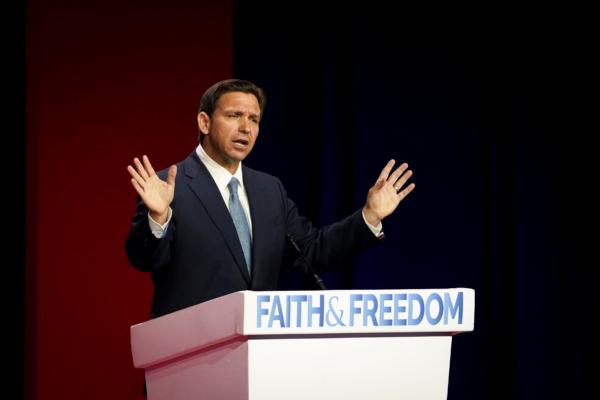 Republican presidential candidate and Florida Gov. Ron DeSantis speaks at the Faith and Freedom Road to Majority conference at Hilton in Washington on June 23, 2023. (Madalina Vasiliu/The Epoch Times)