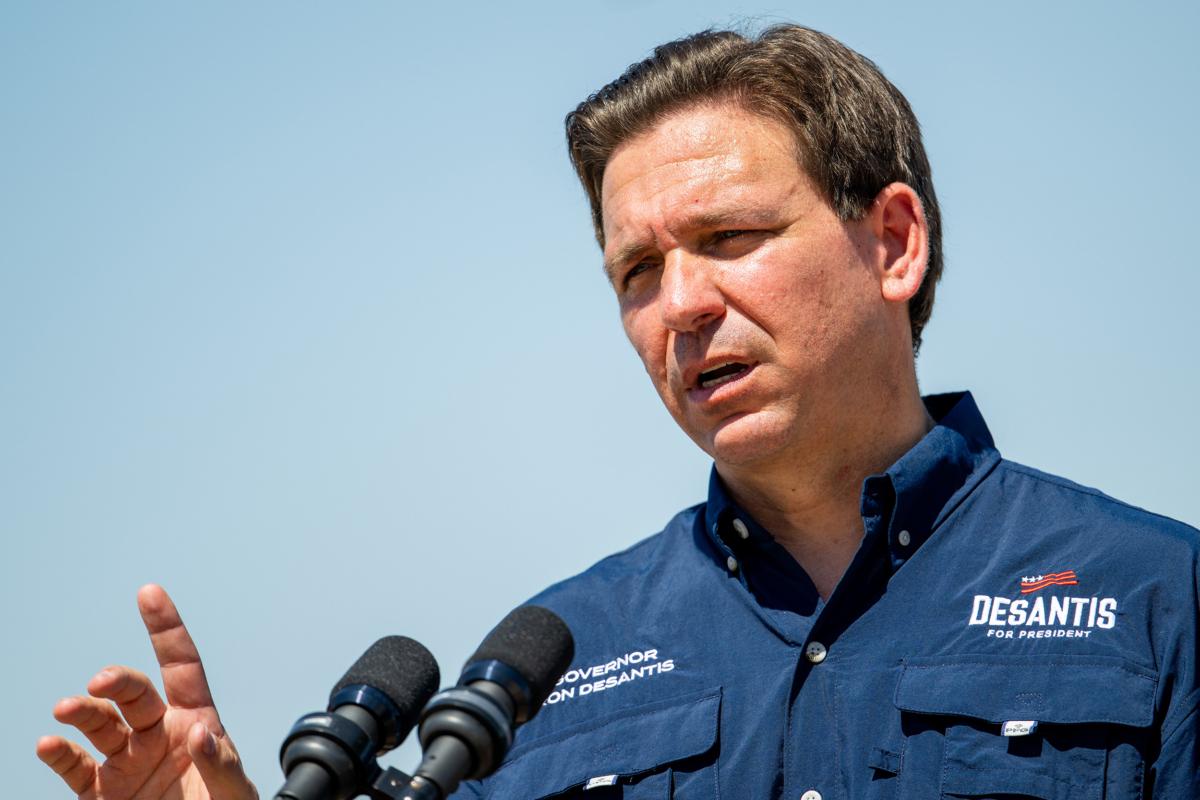 Republican presidential candidate Florida Gov. Ron DeSantis speaks during a press conference on the banks of the Rio Grande in Eagle Pass, Texas, on June 26, 2023. (Brandon Bell/Getty Images)