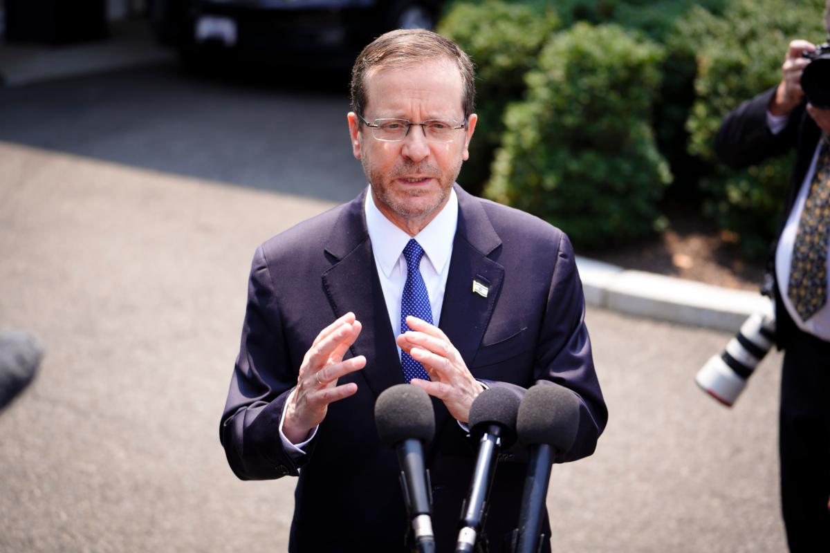 Israeli President Isaac Herzog speaks to reporters about his meeting with U.S. President Joe Biden at the White House in Washington on July 18, 2023. (Madalina Vasiliu/The Epoch Times)