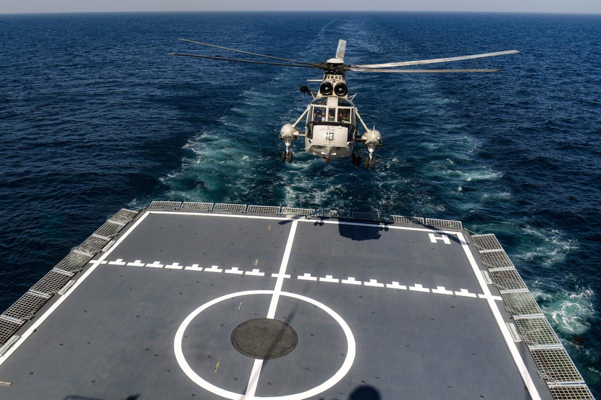 A Pakistan navy's helicopter takes part in a multinational naval exercise in the Arabian Sea near Karachi, Pakistan, on Feb. 13, 2023. (Asif Hassan/AFP via Getty Images)