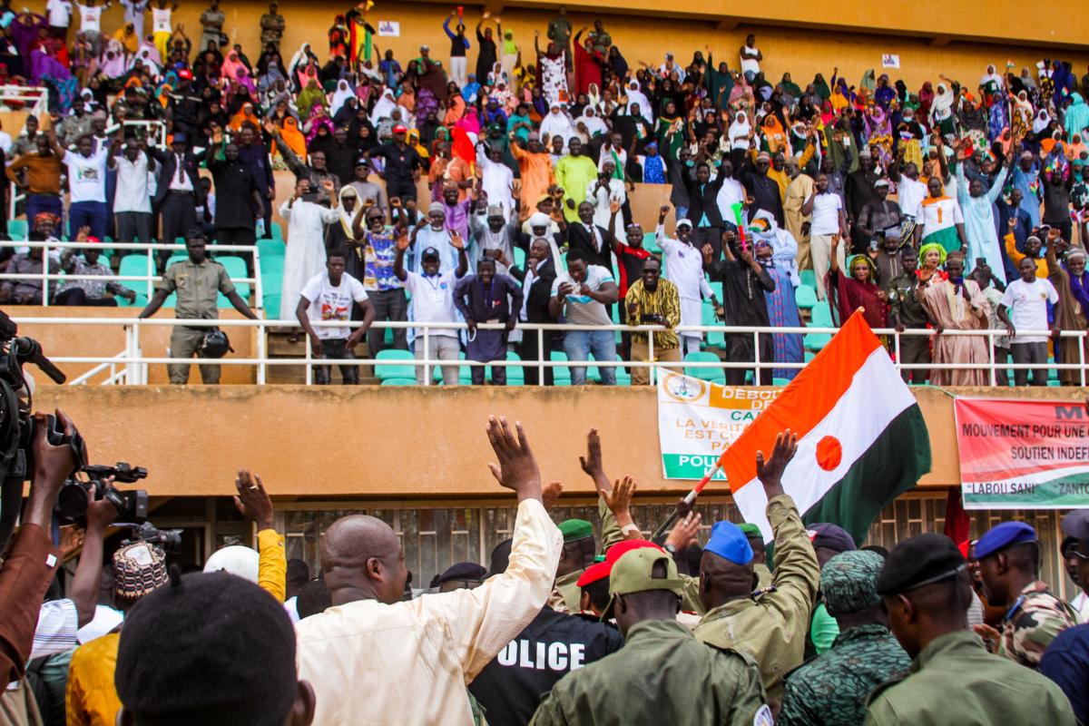 Supporters of Niger's coup leaders take part in a rally at a stadium in Niamey, Niger, on Aug. 6, 2023. (Mahamadou Hamidou/Reuters)