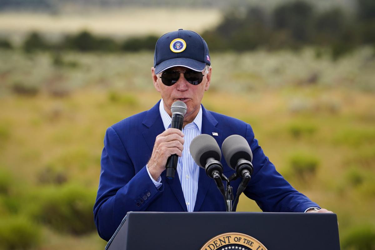 President Joe Biden speaks at Red Butte Airfield, Ariz., on Aug. 8, 2023. (Madalina Vasiliu/The Epoch Times)