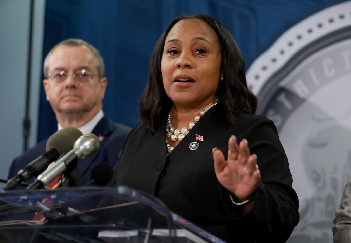 Fulton County District Attorney Fani Willis speaks during a news conference at the Fulton County Government building in Atlanta, Georgia, on August 14, 2023. (Joe Raedle/Getty Images)