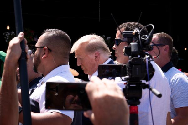 Former President Donald Trump arrives at the Iowa State Fair in Des Moines, Iowa, on Aug. 12, 2023. (Madalina Vasiliu/The Epoch Times)
