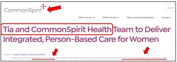 Announcement of the partnership between CommonSpirit Health and Tia Women's Health on March 13, 2021. (Lepanto Institute report/screenshot).
