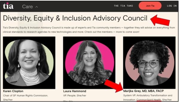 Members of Tia Health's Diversity, Equity, and Inclusion Advisory Council (Screenshot/August 2023 Lepanto Institute report).